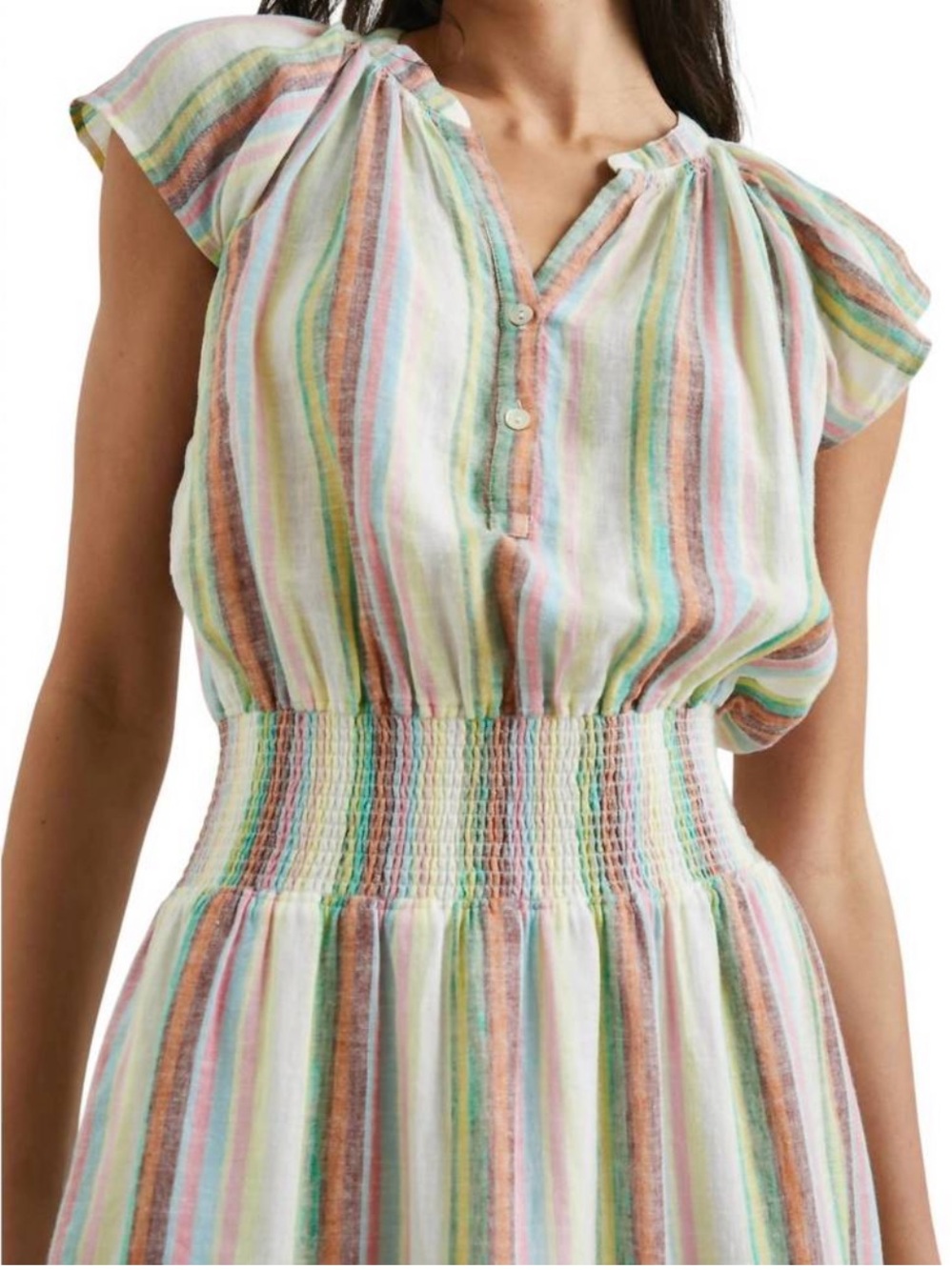 Rails Augustine Palais Stripe Pastel Smocked-Waist Mini Dress Linen Blend Sz M - Picture 4 of 15